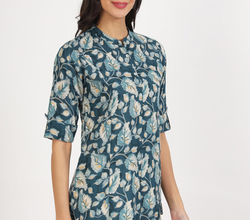 Divena Bottle Green Floral Printed Rayon Top