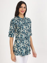 Divena Bottle Green Floral Printed Rayon Top