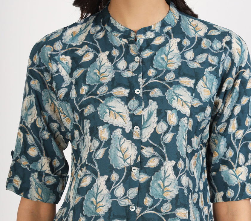 Divena Bottle Green Floral Printed Rayon Top