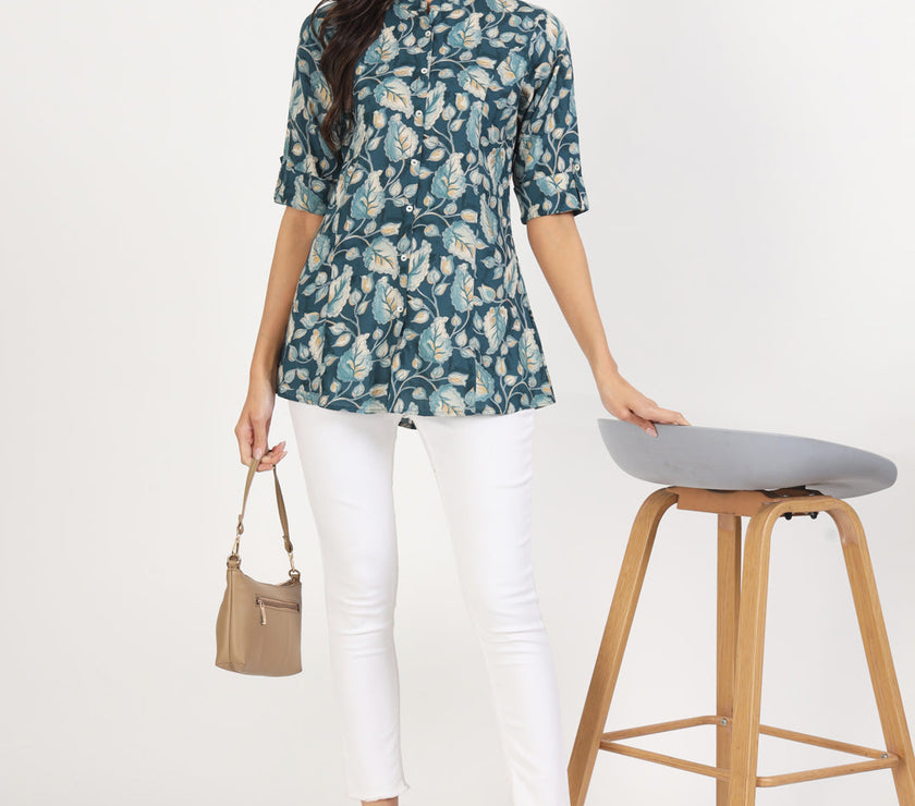 Divena Bottle Green Floral Printed Rayon Top