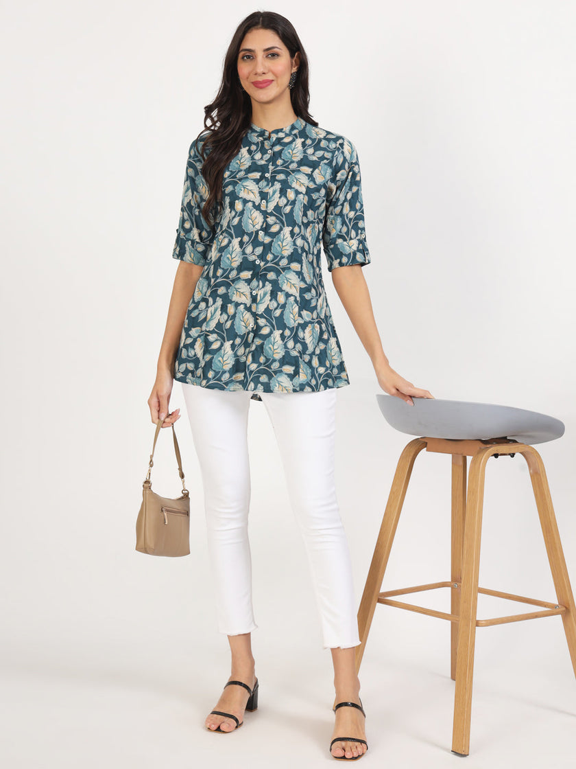 Divena Bottle Green Floral Printed Rayon Top