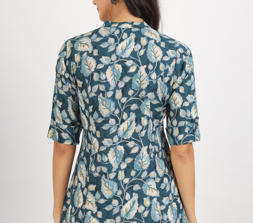 Divena Bottle Green Floral Printed Rayon Top