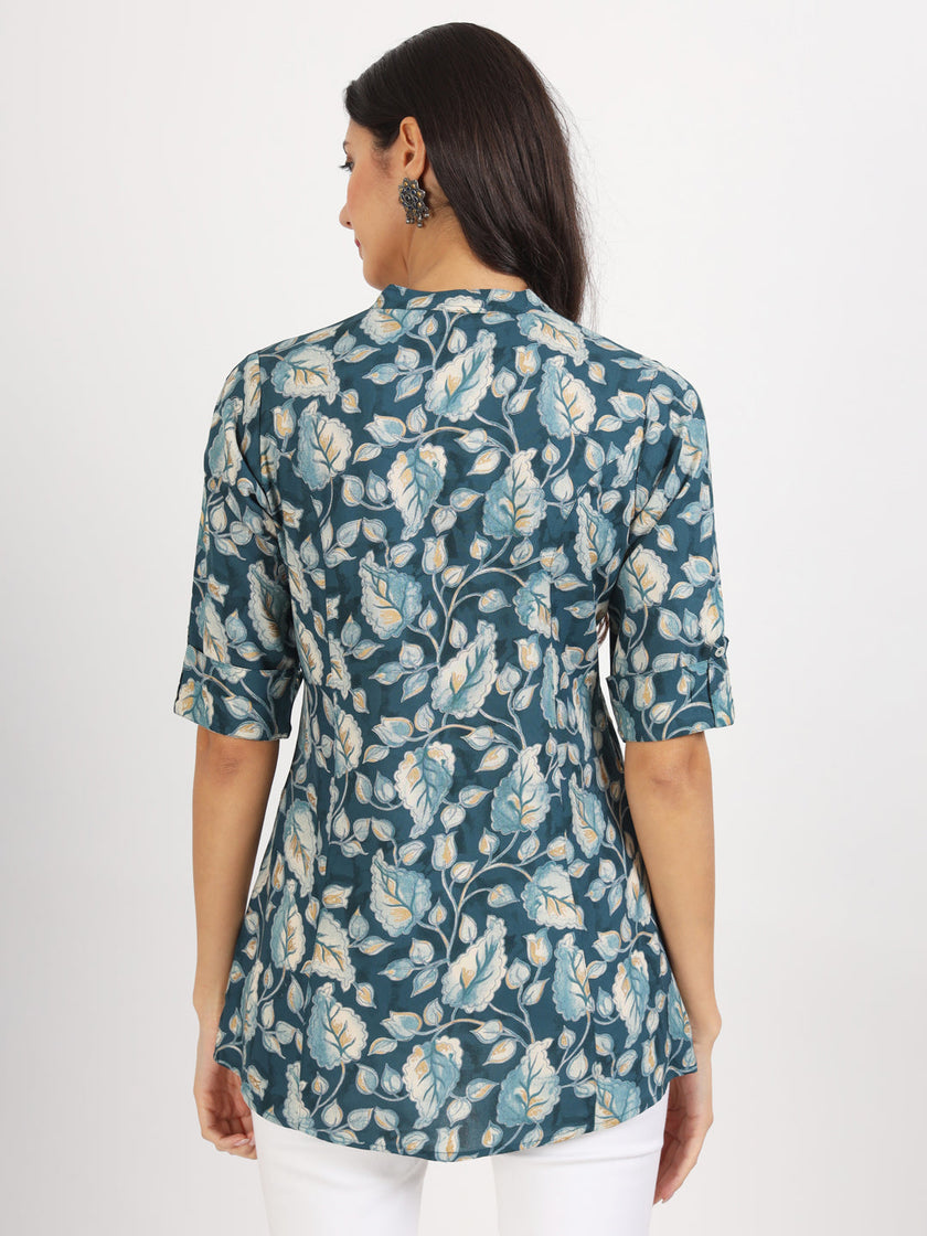 Divena Bottle Green Floral Printed Rayon Top