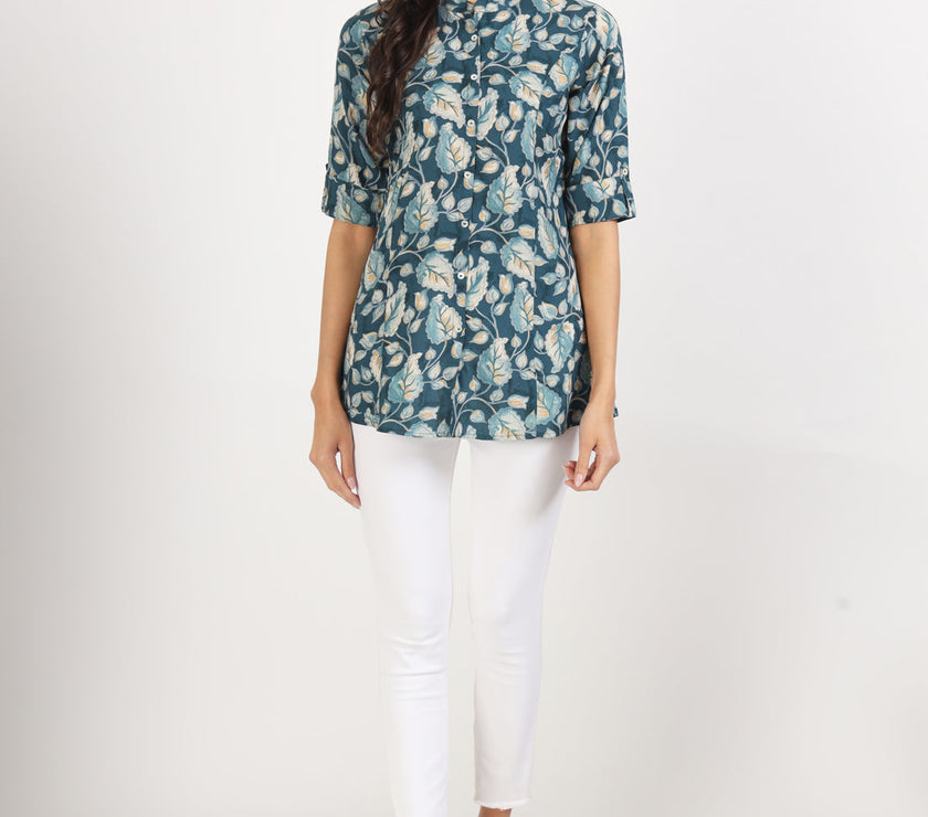 Divena Bottle Green Floral Printed Rayon Top