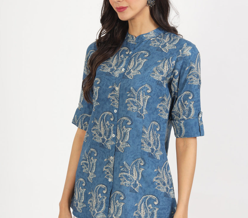 Divena Blue Floral Printed Rayon Top