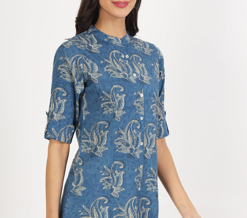 Divena Blue Floral Printed Rayon Top