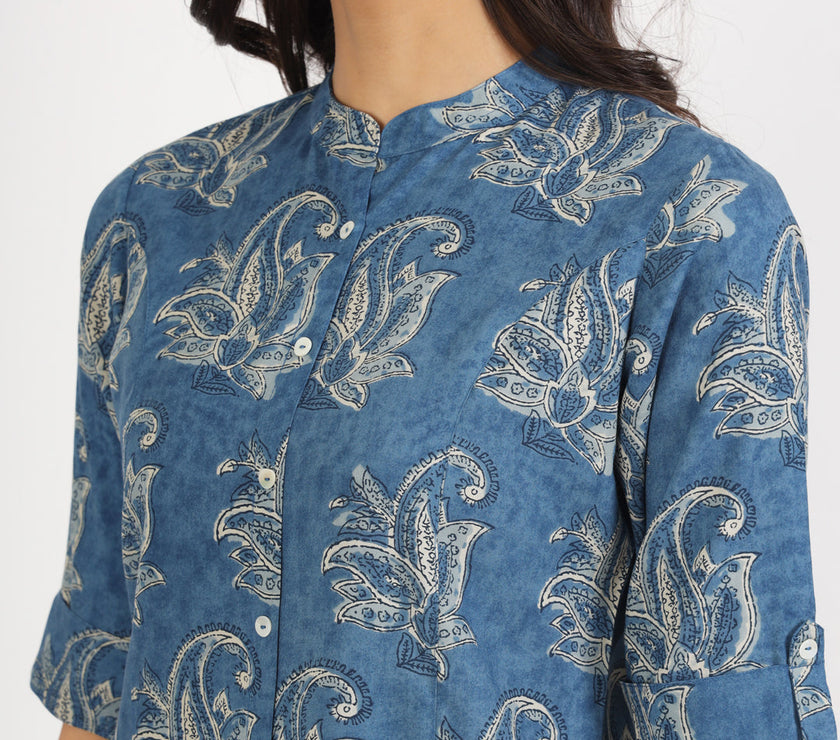 Divena Blue Floral Printed Rayon Top