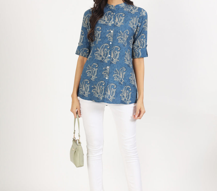 Divena Blue Floral Printed Rayon Top