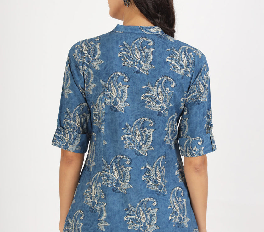 Divena Blue Floral Printed Rayon Top