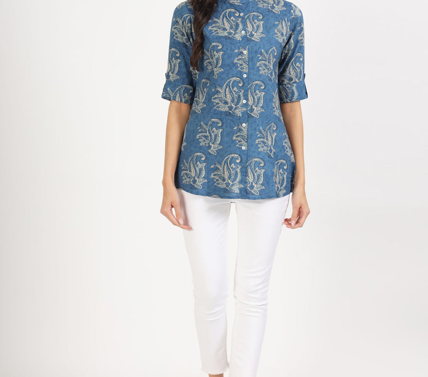 Divena Blue Floral Printed Rayon Top