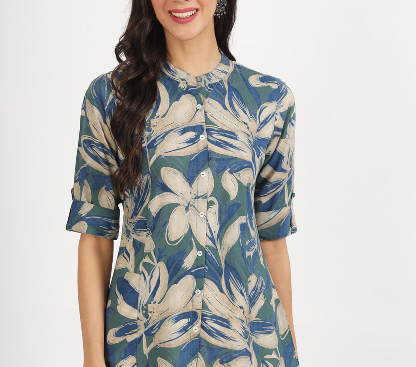 Divena Green Blue Floral Printed Rayon Top