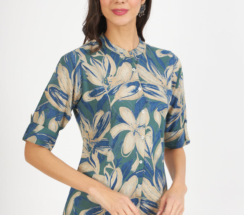 Divena Green Blue Floral Printed Rayon Top