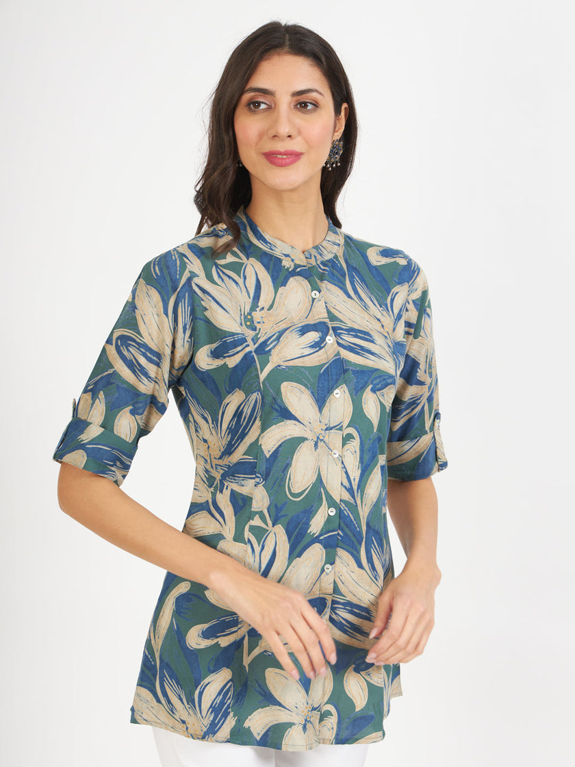 Divena Green Blue Floral Printed Rayon Top