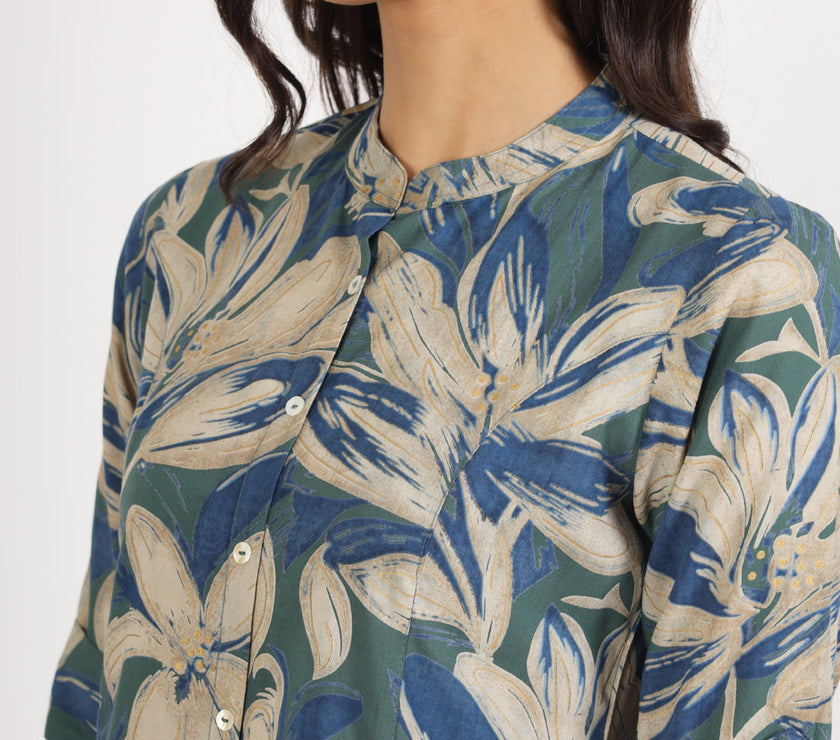 Divena Green Blue Floral Printed Rayon Top