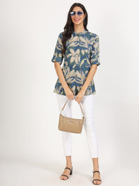 Divena Green Blue Floral Printed Rayon Top