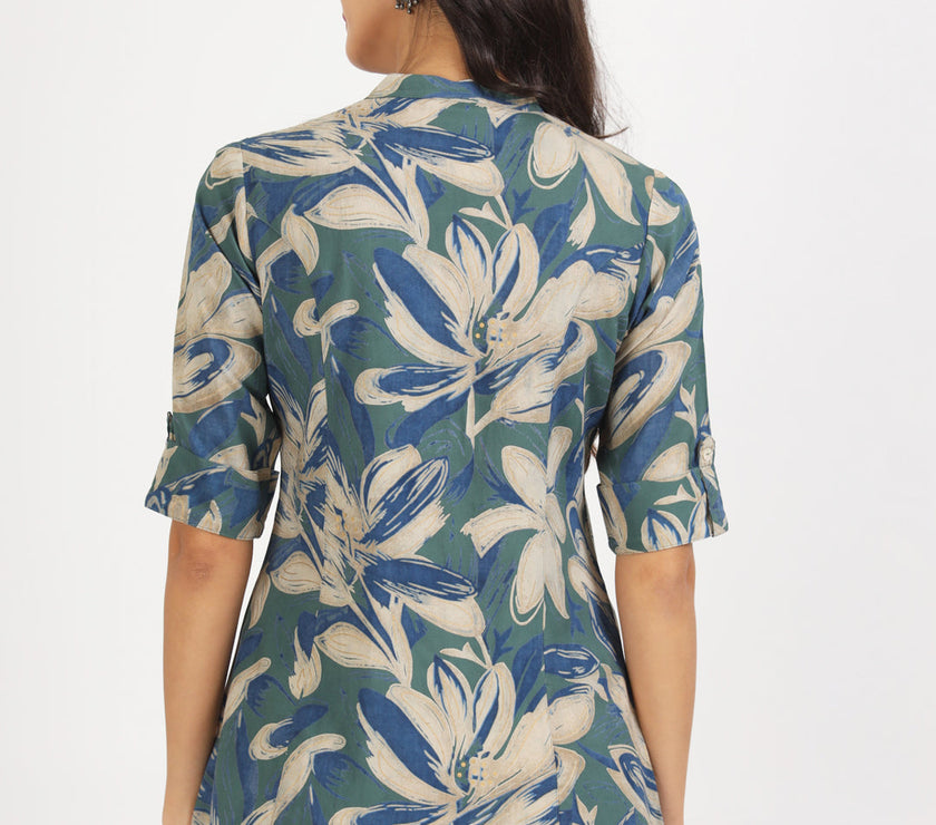 Divena Green Blue Floral Printed Rayon Top