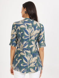 Divena Green Blue Floral Printed Rayon Top