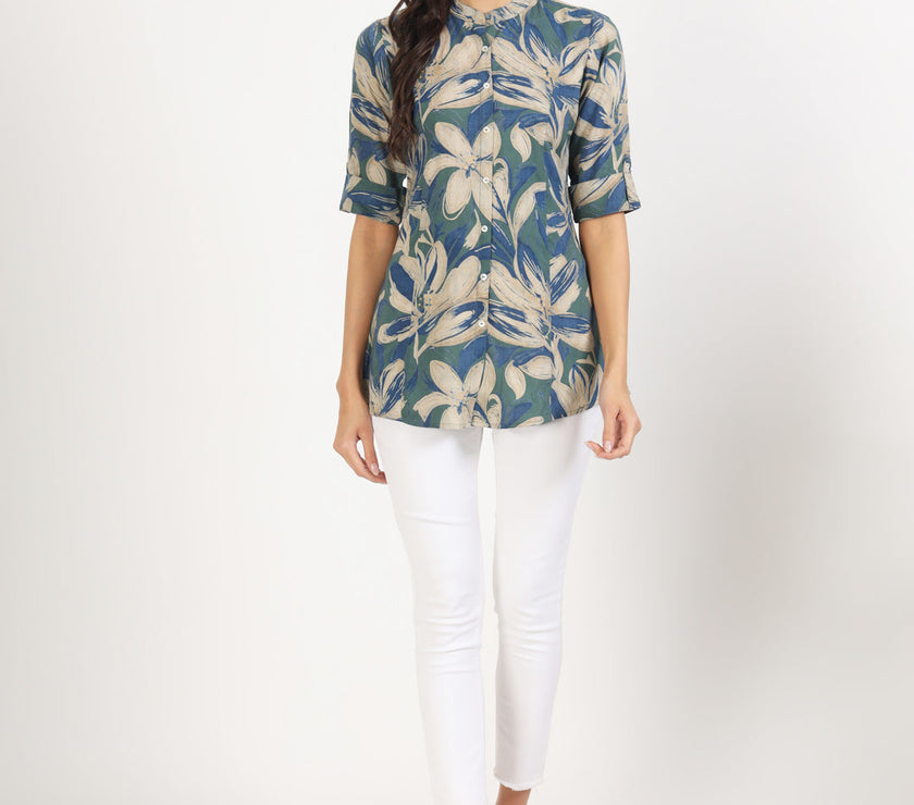 Divena Green Blue Floral Printed Rayon Top