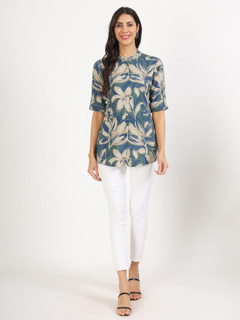 Divena Green Blue Floral Printed Rayon Top