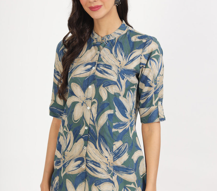 Divena Green Blue Floral Printed Rayon Top