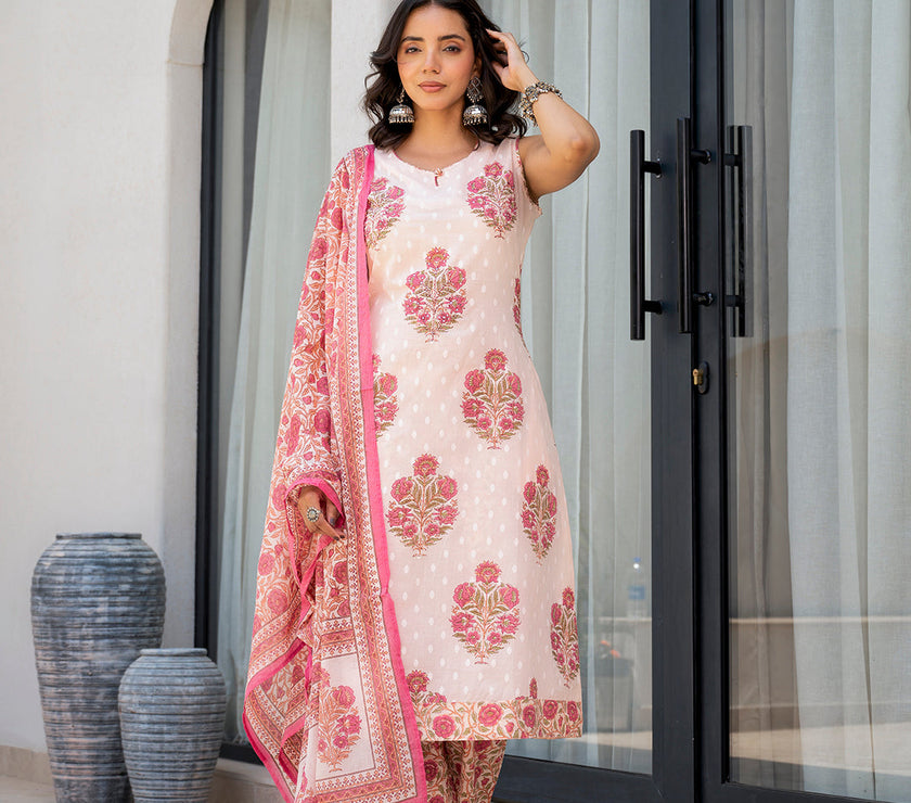 Divena Pink Floral Printed Cotton Straight Fit Kurta Pant Set