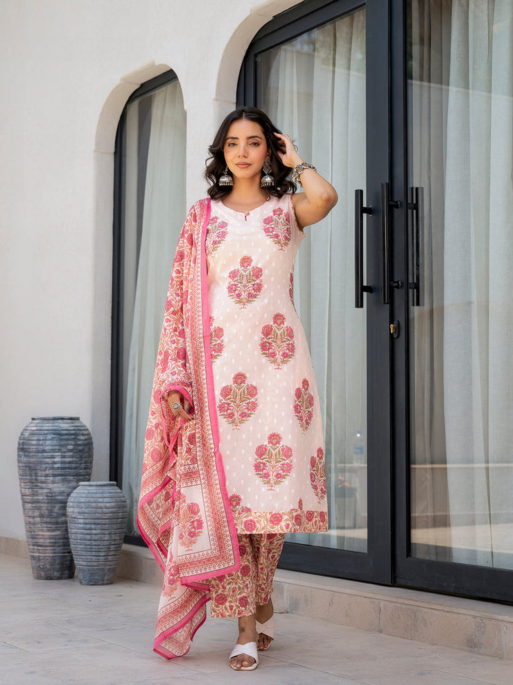 Divena Pink Floral Printed Cotton Straight Fit Kurta Pant Set