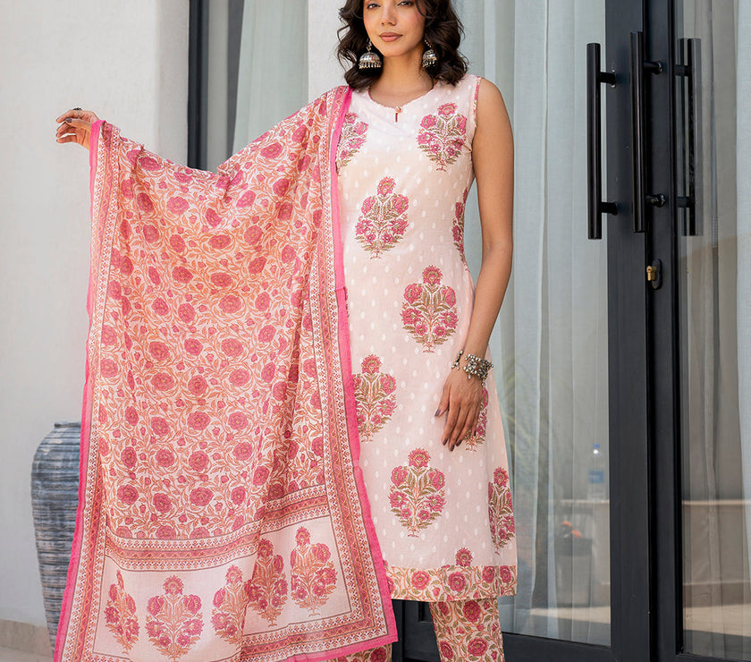 Divena Pink Floral Printed Cotton Straight Fit Kurta Pant Set