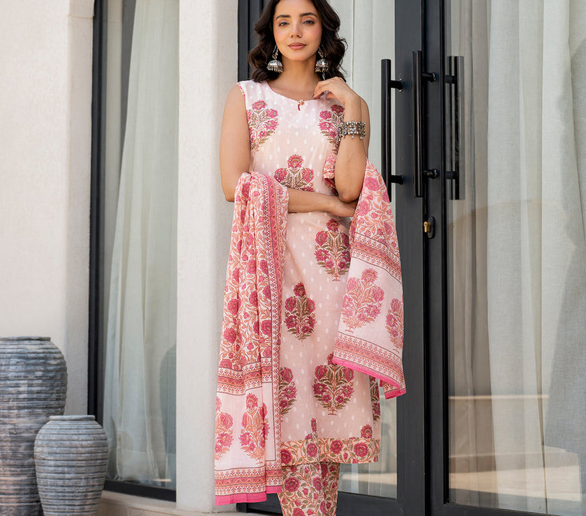 Divena Pink Floral Printed Cotton Straight Fit Kurta Pant Set