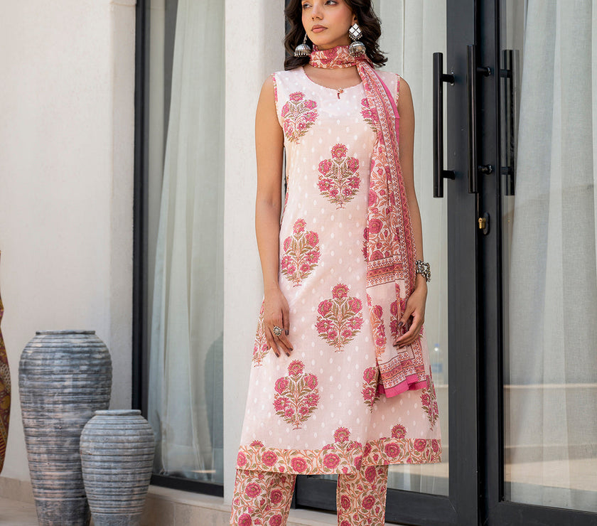 Divena Pink Floral Printed Cotton Straight Fit Kurta Pant Set