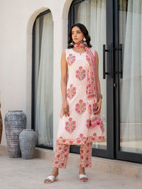 Divena Pink Floral Printed Cotton Straight Fit Kurta Pant Set