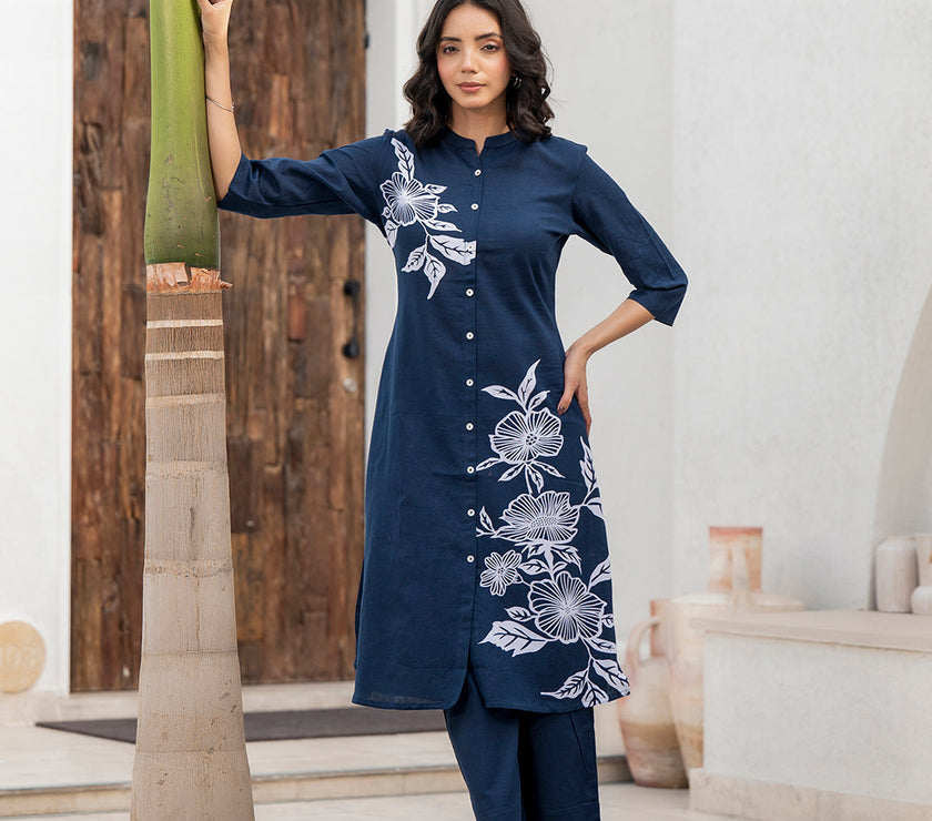 Divena Navy Blue Floral Printed Cotton A-line Fit Kurta Pant Set