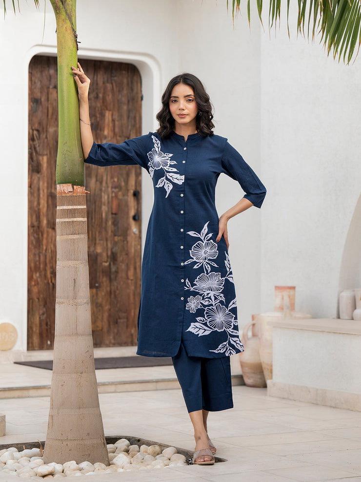 Divena Navy Blue Floral Printed Cotton A-line Fit Kurta Pant Set