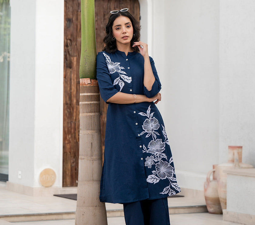 Divena Navy Blue Floral Printed Cotton A-line Fit Kurta Pant Set