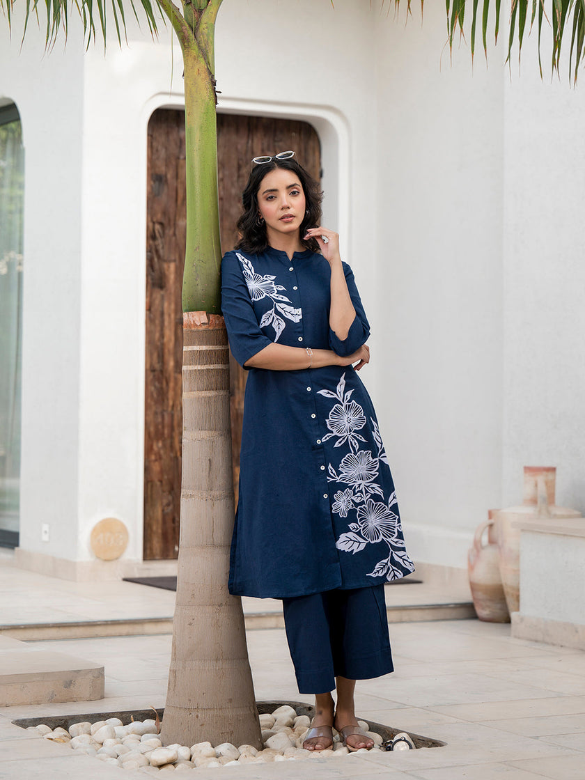 Divena Navy Blue Floral Printed Cotton A-line Fit Kurta Pant Set