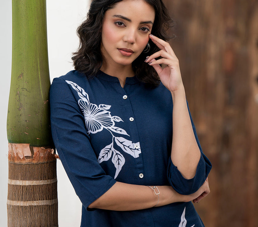 Divena Navy Blue Floral Printed Cotton A-line Fit Kurta Pant Set