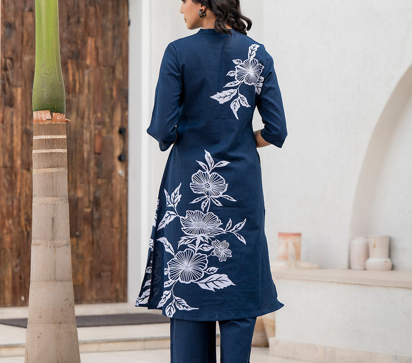 Divena Navy Blue Floral Printed Cotton A-line Fit Kurta Pant Set