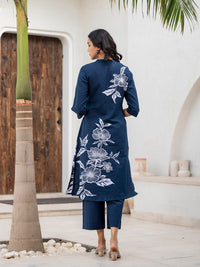 Divena Navy Blue Floral Printed Cotton A-line Fit Kurta Pant Set