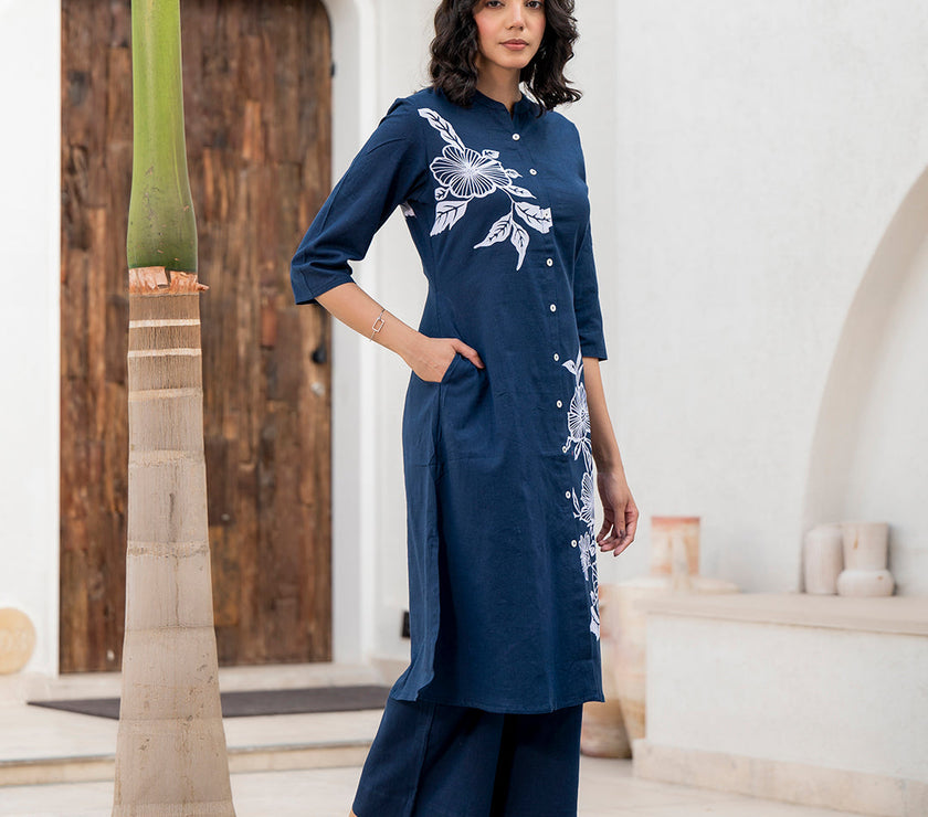 Divena Navy Blue Floral Printed Cotton A-line Fit Kurta Pant Set