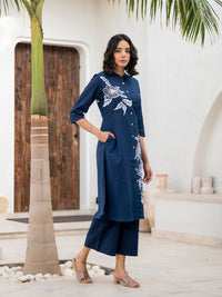 Divena Navy Blue Floral Printed Cotton A-line Fit Kurta Pant Set