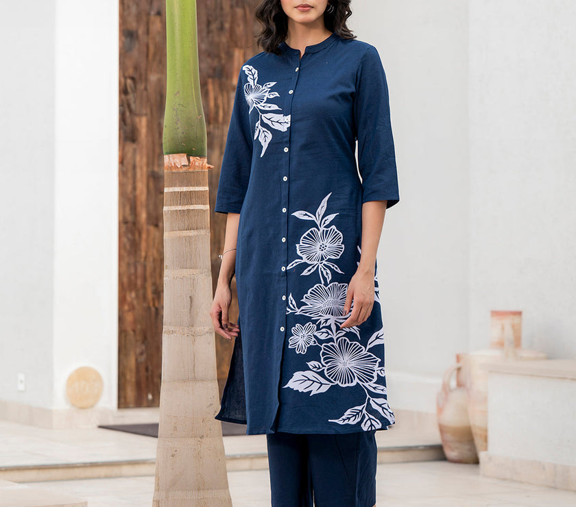 Divena Navy Blue Floral Printed Cotton A-line Fit Kurta Pant Set