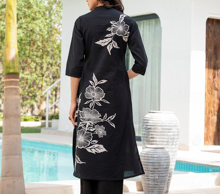 Divena Black Floral Printed Cotton A-line Fit Kurta Pant Set