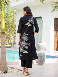 Divena Black Floral Printed Cotton A-line Fit Kurta Pant Set