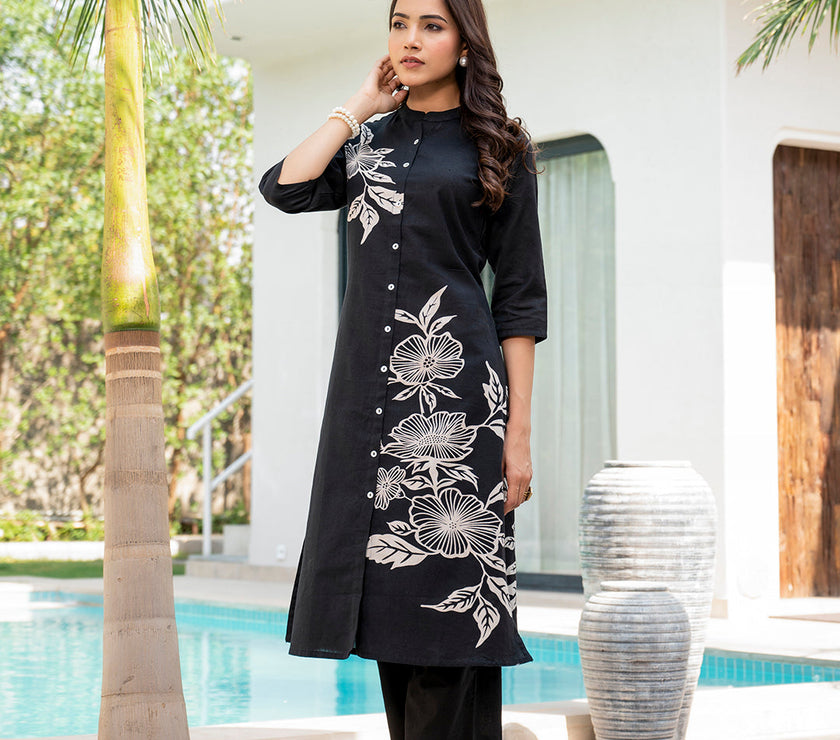 Divena Black Floral Printed Cotton A-line Fit Kurta Pant Set