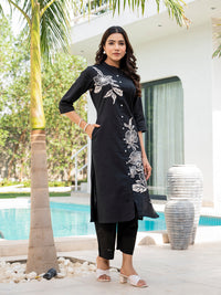 Divena Black Floral Printed Cotton A-line Fit Kurta Pant Set