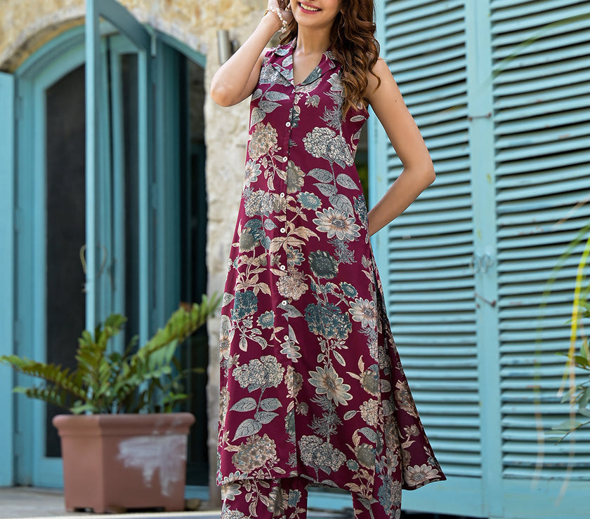 Divena Magenta Floral Printed  A-Line Rayon Kurta Set