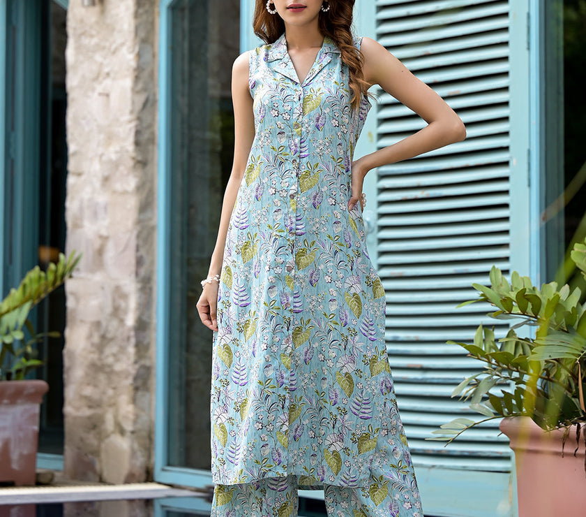 Divena Sky Blue Floral Printed  A-Line Rayon Kurta Set