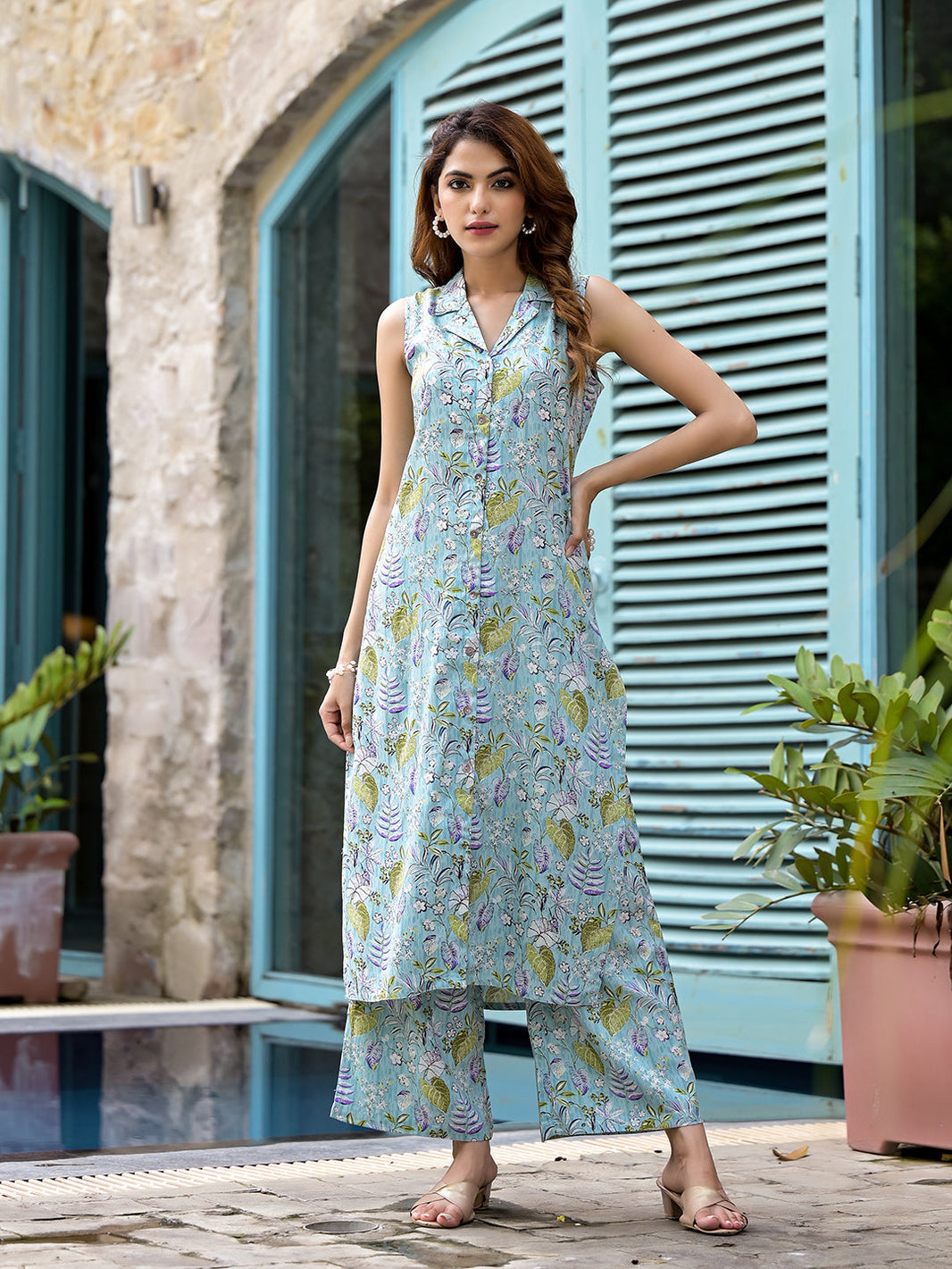 Divena Sky Blue Floral Printed  A-Line Rayon Kurta Set