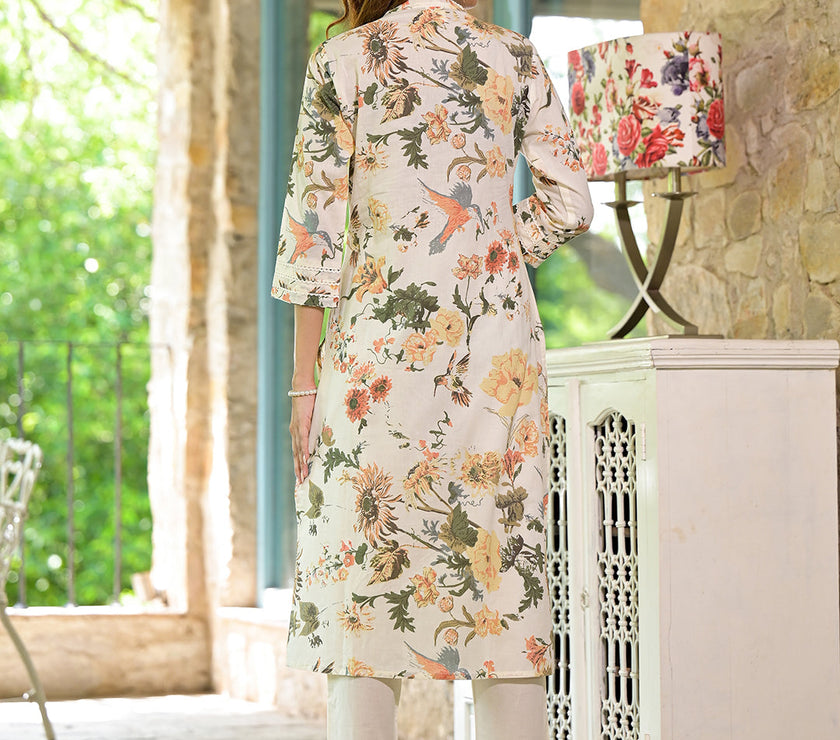 Divena Cream Floral Printed  Straight Cotton Kurta Set