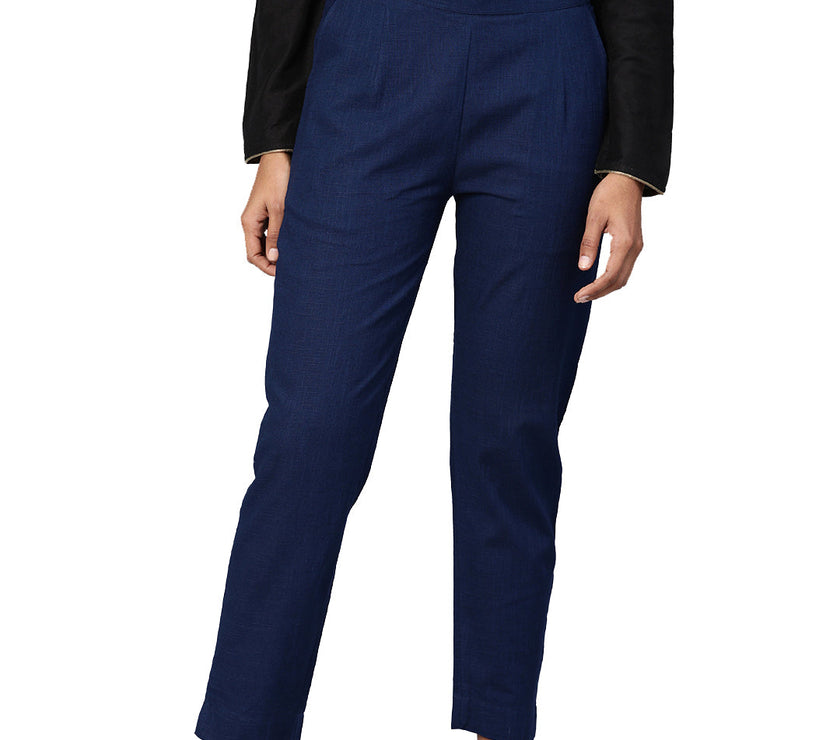 Divena Women Navy Blue Straight Fit Solid Regular Trousers