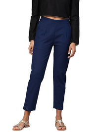 Divena Women Navy Blue Straight Fit Solid Regular Trousers